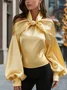 Satin Elegant Plain Knot Halter Balloon Sleeve Blouse