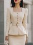 Elegant Buttoned Plain Square Neck Jacket With Belt