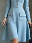 Elegant Plain  Buttoned Lapel Collar Knee Length Dress