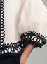 Casual Color Block Hollow Out Stand Collar Puff Sleeve Blouse