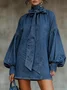 Urban Plain Raglan Sleeves Bow Stand Collar Denim Mini Dress