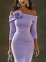 Elegant Plain Cold Shoulder Midi Dress With 3D Floral Brooch