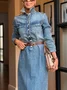 Denim Urban Plain Distressing Shirt Collar Maxi Dress No Belt