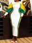 Urban Color Block Off Shoulder Sleeve Printing Crew Neck Maxi Dress