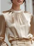 Satin Elegant Plain Lace Edge Stand Collar  Blouse