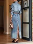 Denim Urban Plain Distressing Shirt Collar Maxi Dress No Belt