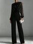 Elegant Raglan Sleeves Beaded Plain Stand Collar Jumpsuit