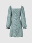 Square Neck Floral Puff Sleeve Weaving Dress