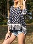 Blue V Neck Casual Floral Gathered Fringed Top