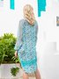 V Neck Blue Shift Floral-Print Mini Dress