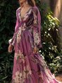 V Neck Purple Floral Printed Paneled A-Line Daily Holiday Maxi Dress