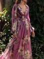 V Neck Purple Floral Printed Paneled A-Line Daily Holiday Maxi Dress