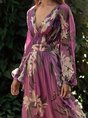 V Neck Purple Floral Printed Paneled A-Line Daily Holiday Maxi Dress