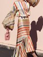 Crew Neck Balloon Sleeve Striped Flounce Holiday Maxi Dress