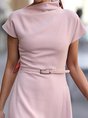 Stand Collar Pink Work Sheath Daily Elegant Solid Midi Dress