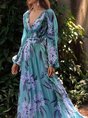 V Neck Purple Floral Printed Paneled A-Line Daily Holiday Maxi Dress
