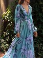 V Neck Purple Floral Printed Paneled A-Line Daily Holiday Maxi Dress