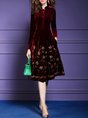 Stand Collar Burgundy Elegant Floral Midi Dress