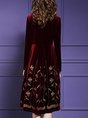Stand Collar Burgundy Elegant Floral Midi Dress