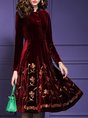 Stand Collar Burgundy Elegant Floral Midi Dress