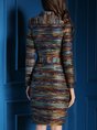 Stand Collar Buttoned Multicolor Casual Midi Dress