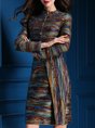 Stand Collar Buttoned Multicolor Casual Midi Dress