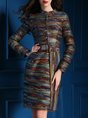 Stand Collar Buttoned Multicolor Casual Midi Dress