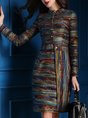 Stand Collar Buttoned Multicolor Casual Midi Dress
