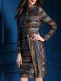 Stand Collar Buttoned Multicolor Casual Midi Dress