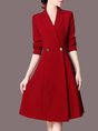Lapel Red A-Line Work Elegant Midi Dress