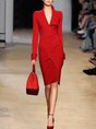 V Neck Red Bodycon Elegant Work Midi Dress
