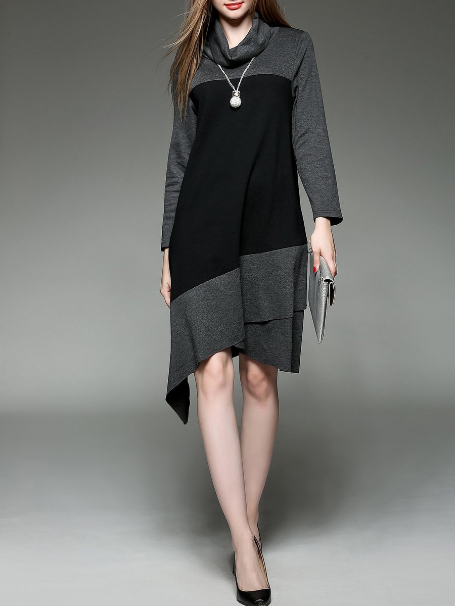 Long Sleeve Turtleneck Casual Color-block Asymmetrical Midi Dress