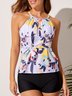 Vacation Floral Printing Crew Neck Tankinis Two-Piece Set