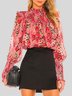 Vacation Lantern Sleeve Stand Collar Floral Blouse
