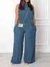 Loose Casual Stand Collar Plain Sleeveless Jumpsuit