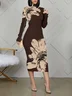 Stand Collar Elegant Floral Long Sleeve Dress