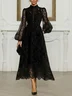 Elegant Buttoned Balloon Sleeve Lace Mock Neck Midi Dress