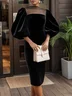 Velvet Elegant Plain Balloon Sleeve Split Joint Crew Neck Midi Dress