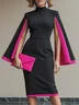 Elegant Color Block Split Sleeves  Stand Collar Midi Dress