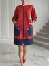 Casual Color Block Pockets Zipper Crew Neck  Dress