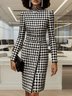 Elegant Houndstooth Printing Mock Neck Knee Length Dress