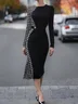 Elegant Houndstooth Split Joint Crew Neck Midi Dress