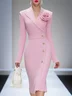 Elegant Plain Lapel Collar Knee Length Sweater Dress With 3D Floral Brooch