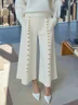 Casual Plain White Imitation Pearls Wide Leg Pants 