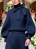 Casual Plain Bow Turtleneck Balloon Sleeve Sweater