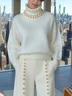 Casual Plain Turtleneck Loosen Sweater With White Pearl Choker