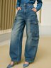 Denim Casual Plain Pockets Barrel Jeans