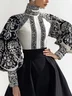 Urban Random Print Printing Turtleneck Balloon Sleeve Blouse