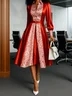 Elegant Color Block Printing Shirt Collar Midi Dress