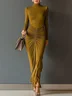 Urban Plain Ruched Stand Collar Maxi Dress